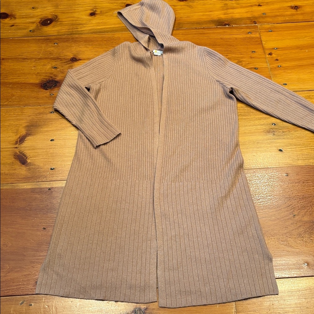 BODEN 12 Tan Ribbed Long Line Hooded Wool Duster Cardigan